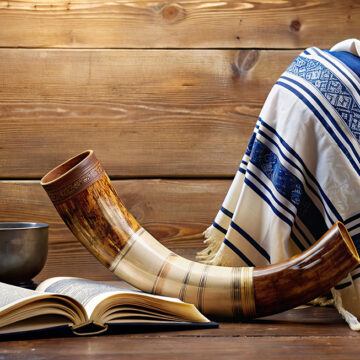 Jom-Kippur-Symbole mit Tallit, Tora und Schofar, Jom Kippur, jüdisch, religiös, Symbole, Tallit