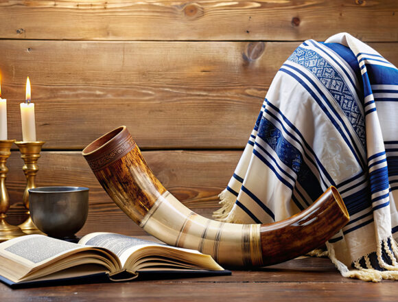 juedisch Jom-Kippur-Symbole mit Tallit, Tora und Schofar, Jom Kippur, jüdisch, religiös, Symbole, Tallit