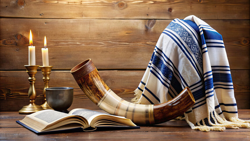 Jom-Kippur-Symbole mit Tallit, Tora und Schofar, Jom Kippur, jüdisch, religiös, Symbole, Tallit