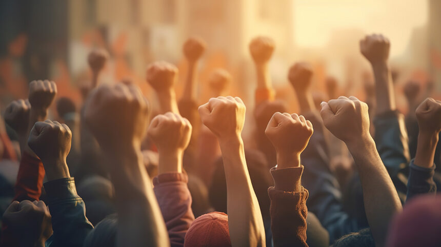 Foto einer Menge von Demonstranten, die für ihre Rechte kämpfen.