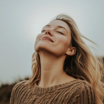 Eine Frau, die auf einem Berg feiert und in den Himmel schaut. Alle mentalen Ängste loslassen. Hoffnung, Konzept der mentalen Stärke.