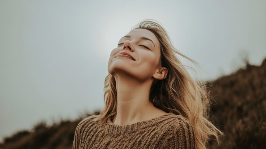 Eine Frau, die auf einem Berg feiert und in den Himmel schaut. Alle mentalen Ängste loslassen. Hoffnung, Konzept der mentalen Stärke.