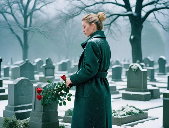 friedhof-frau Freundlich gestallteter Friedhof. Eine junge Frau am Grab mit Rose.