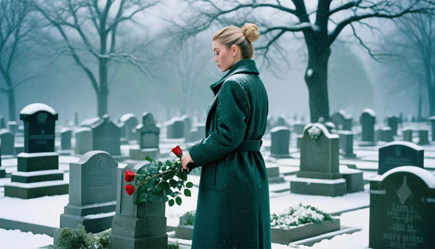 Freundlich gestallteter Friedhof. Eine junge Frau am Grab mit Rose.