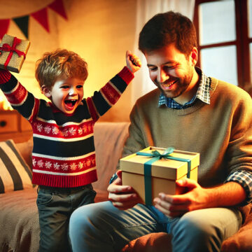 Vater und Sohn überreichen sich gegenseitig Geschenke