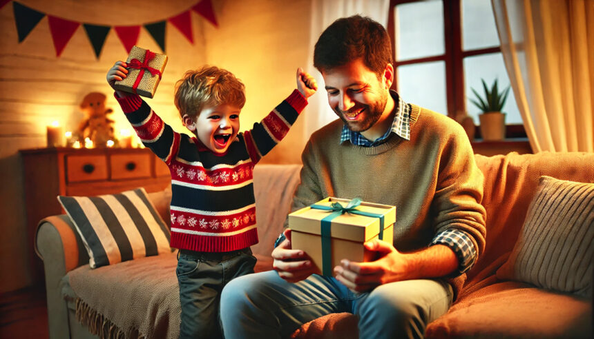 Vater und Sohn überreichen sich gegenseitig Geschenke