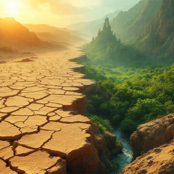 Eine tiefe innere Verwandlung: von einer rissigen, kargen Wüstenlandschaft unter sengender Sonne zu einer üppigen, grünen Oase voller Leben unter einem sanften, lebensspendenden Regen, der Wiederherstellung und Fülle symbolisiert.