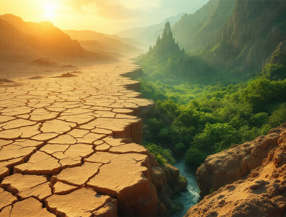 Eine tiefe innere Verwandlung: von einer rissigen, kargen Wüstenlandschaft unter sengender Sonne zu einer üppigen, grünen Oase voller Leben unter einem sanften, lebensspendenden Regen, der Wiederherstellung und Fülle symbolisiert.