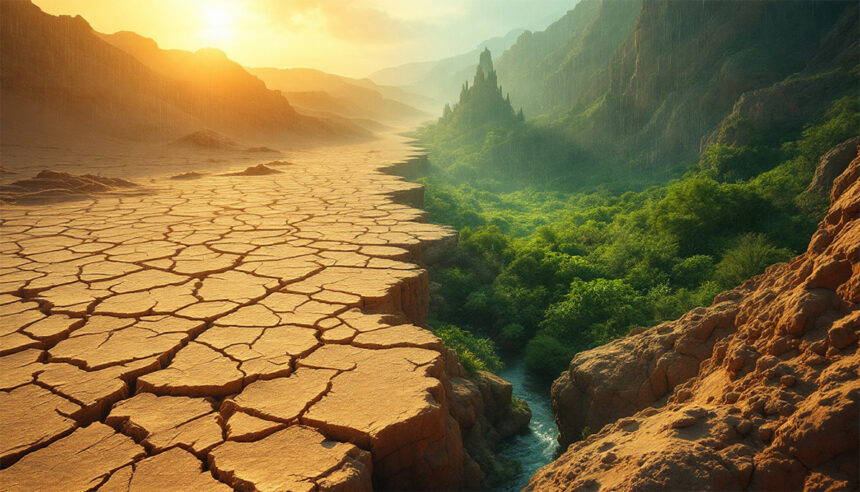 Eine tiefe innere Verwandlung: von einer rissigen, kargen Wüstenlandschaft unter sengender Sonne zu einer üppigen, grünen Oase voller Leben unter einem sanften, lebensspendenden Regen, der Wiederherstellung und Fülle symbolisiert.