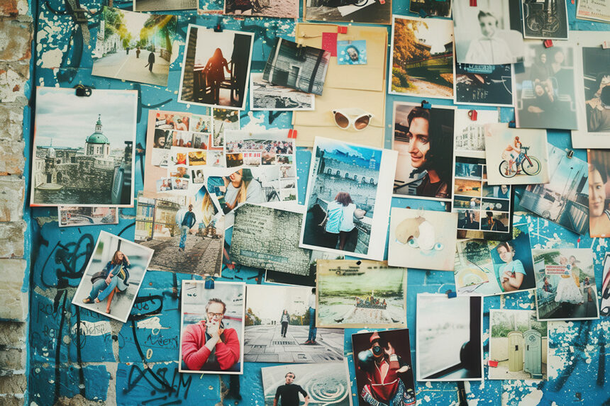Kreative Collage, die verschiedene persönliche Momente auf einer bunten Wand mit viel Platz für neue Erinnerungen zeigt