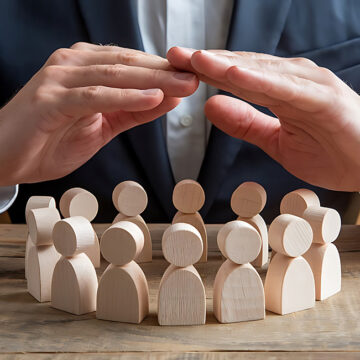Mann hält Hände über Gruppe von kleinen hölzernen menschlichen Puppenfiguren auf Tisch. Metapher für Pflege, Schutz, Gemeinwohl und Sicherheit.