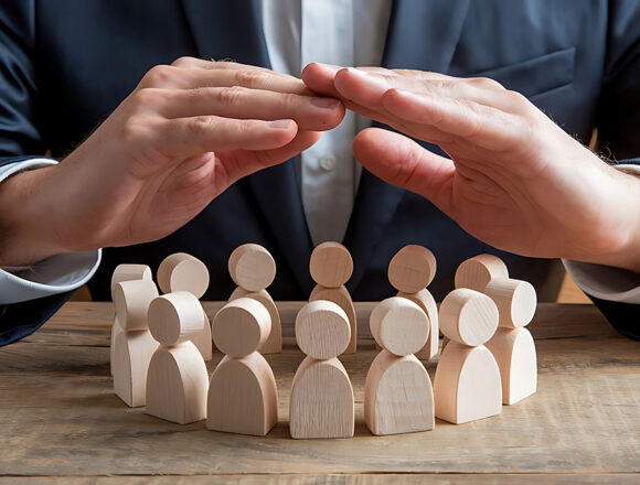gemeinwohl Mann hält Hände über Gruppe von kleinen hölzernen menschlichen Puppenfiguren auf Tisch. Metapher für Pflege, Schutz, Gemeinwohl und Sicherheit.