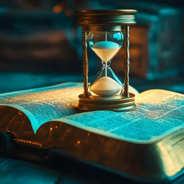 Hourglass and open Bible representing the end times.