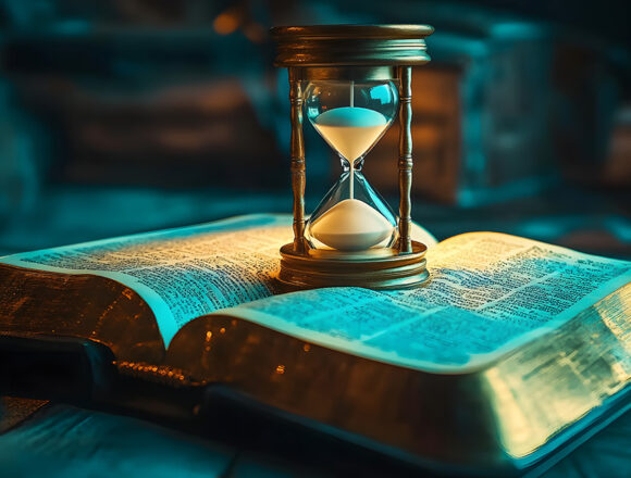 Hourglass and open Bible representing the end times.