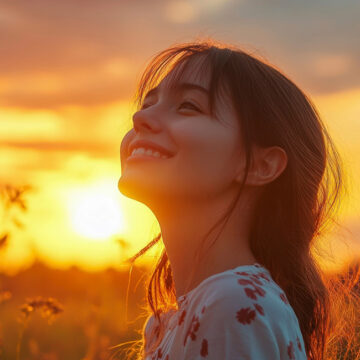 Smiling woman enjoys sunset in field of dreams.