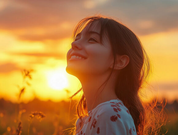 Smiling woman enjoys sunset in field of dreams.
