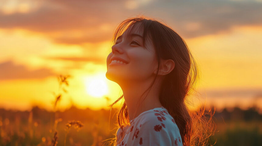 Smiling woman enjoys sunset in field of dreams.