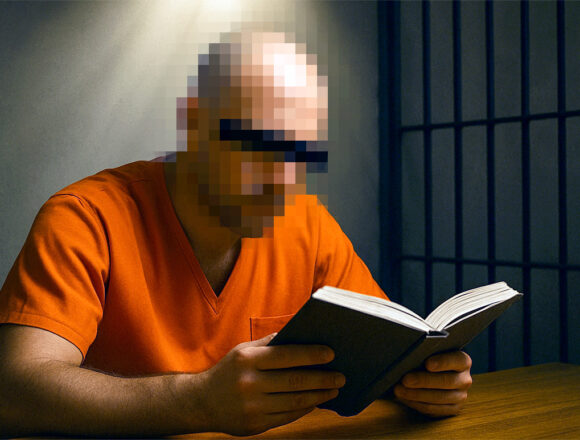 haeftling-buch Häftling liest ein Buch umgeben von Licht