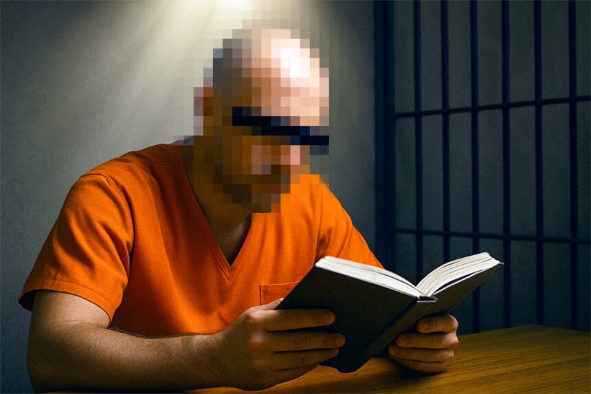Häftling liest ein Buch umgeben von Licht