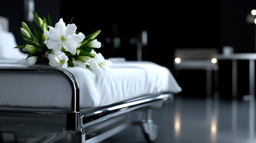 Ein Blumenstrauß auf einem Sterbebett