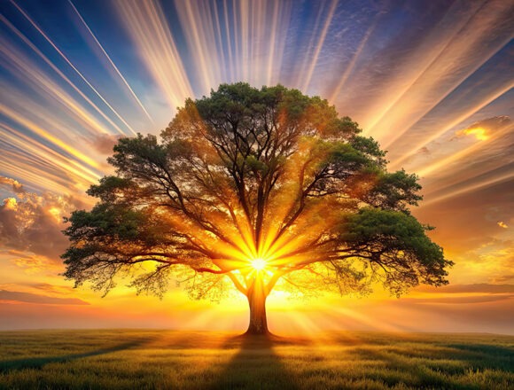 Radiant sunrise shining through branches of a tree of life, sunrise, tree of life, nature, branches, sunlight, glowing