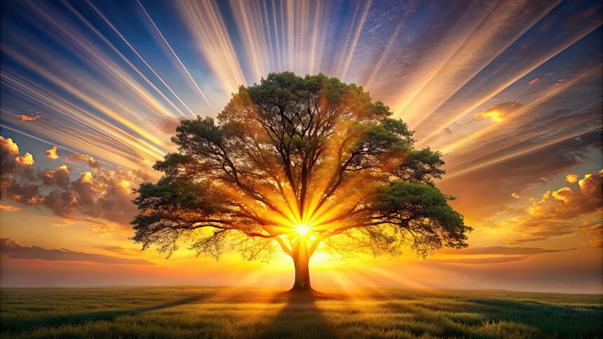 Baum-des-Lebens Radiant sunrise shining through branches of a tree of life, sunrise, tree of life, nature, branches, sunlight, glowing
