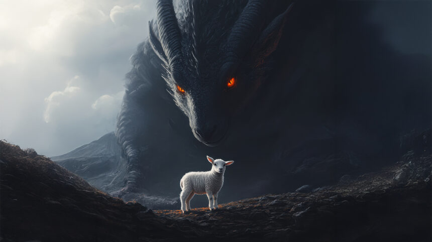 Lamb Beneath Dark Dragon Figure