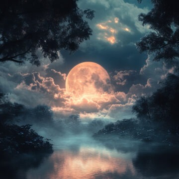Full moon rising over misty river at night, fantasy landscape