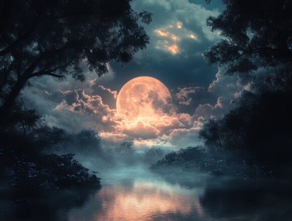Full moon rising over misty river at night, fantasy landscape