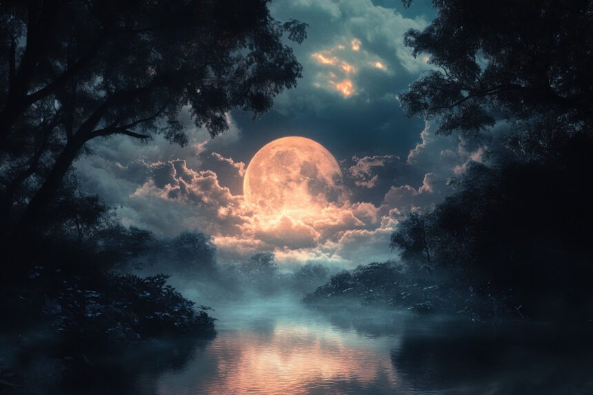 Full moon rising over misty river at night, fantasy landscape