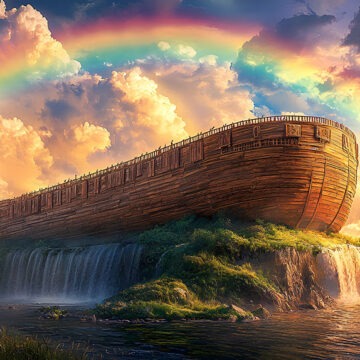 ark Majestic digital illustration of Noah’s Ark resting on a mountain after the Great Flood, vibrant rainbow in the sky symbolizing hope and divine promise.