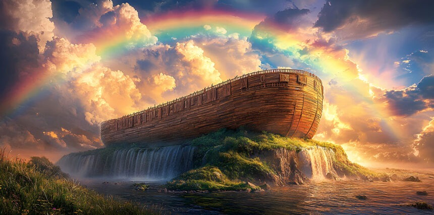 ark Majestic digital illustration of Noah’s Ark resting on a mountain after the Great Flood, vibrant rainbow in the sky symbolizing hope and divine promise.