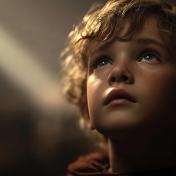 Photorealistic depiction of a young boy, Samuel, in a moment of awe as he hears God's voice, illuminated by soft light. The mood is serene and contemplative, evoking a biblical scene from 1 Samuel 3.