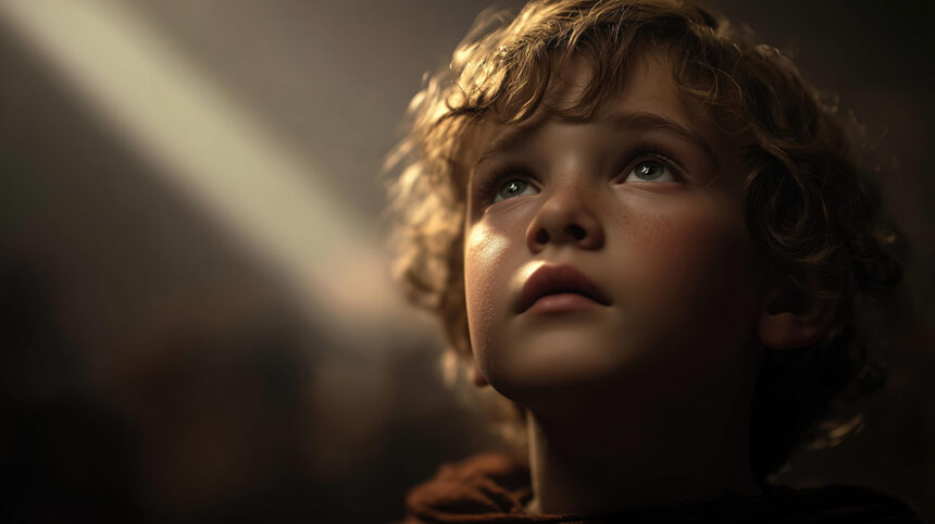 samuel Photorealistic depiction of a young boy, Samuel, in a moment of awe as he hears God's voice, illuminated by soft light. The mood is serene and contemplative, evoking a biblical scene from 1 Samuel 3.