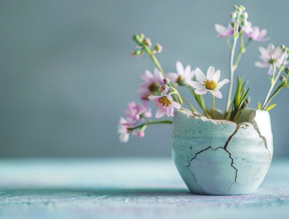 zerbrochene-vase-blumen Kintsugi vase holding delicate fresh spring flowers