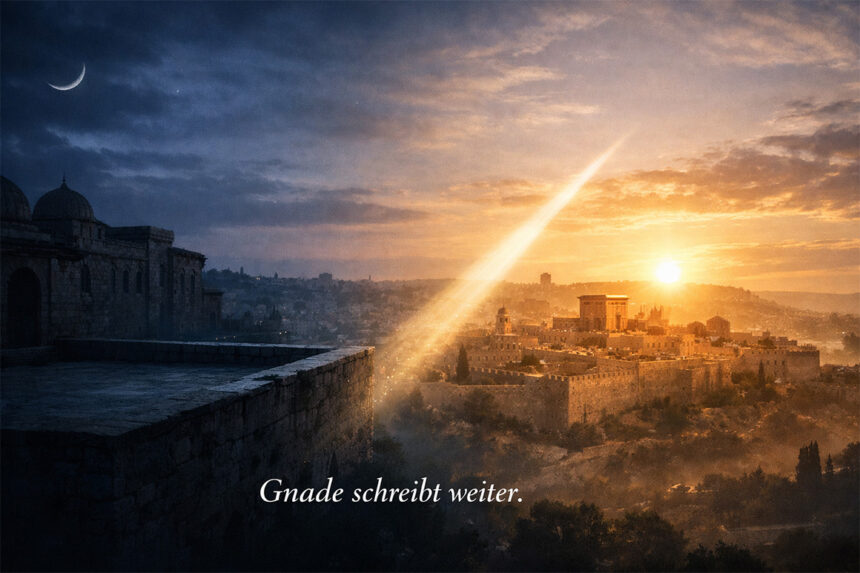 david-salomo „Digitales Gemälde von Jerusalem beim Übergang von Nacht zu Morgen: Ein schattiger Palast auf der linken Seite, beleuchtet vom Mond, rechts die Stadt in goldenem Sonnenlicht mit dem Tempel im Hintergrund. Ein Lichtstrahl verbindet Dunkelheit und Licht. Text: ‚Gnade schreibt weiter.‘“