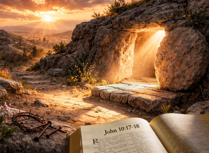 grab-bibel Grab Jesu - Aufgeschlagene Bibel mit der Aufschrift Johannes 10,17–18