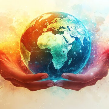 erde Hands Holding Glowing Earth in Warm Colors with Soft Light, Vibrant Uplifting Poster Style
