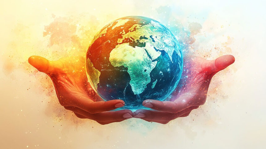 erde Hands Holding Glowing Earth in Warm Colors with Soft Light, Vibrant Uplifting Poster Style