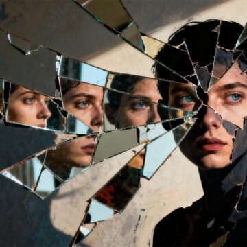 Intensives symbolisches Porträt mit zerrissenen Silhouetten, gespiegelten Gesichtern, fragmentierten Spiegeln, ausdrucksstarke Augen Intensives symbolisches Porträt mit zerrissenen Silhouetten, gespiegelten Gesichtern, fragmentierten Spiegeln, ausdrucksstarke Augen