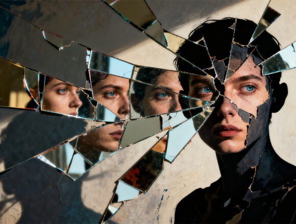 Intensives symbolisches Porträt mit zerrissenen Silhouetten, gespiegelten Gesichtern, fragmentierten Spiegeln, ausdrucksstarke Augen Intensives symbolisches Porträt mit zerrissenen Silhouetten, gespiegelten Gesichtern, fragmentierten Spiegeln, ausdrucksstarke Augen