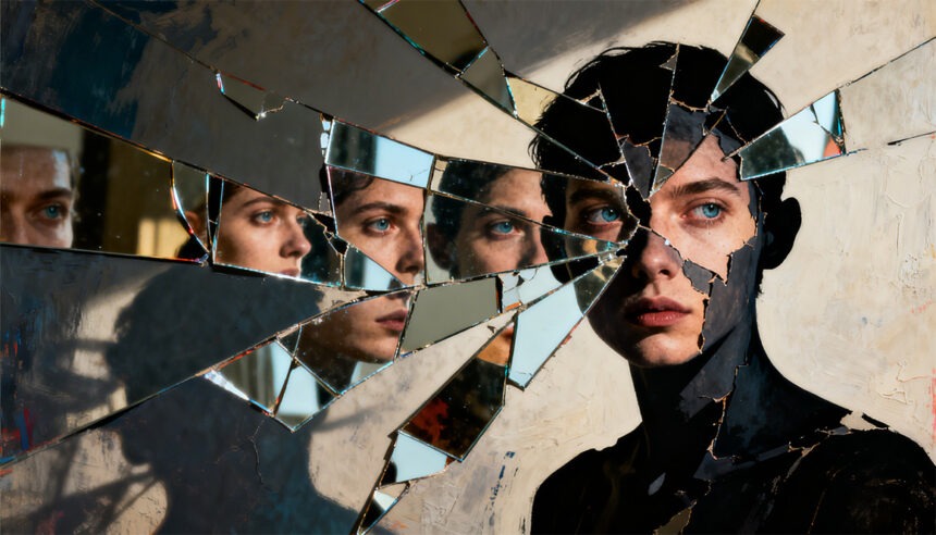 Intensives symbolisches Porträt mit zerrissenen Silhouetten, gespiegelten Gesichtern, fragmentierten Spiegeln, ausdrucksstarke Augen Intensives symbolisches Porträt mit zerrissenen Silhouetten, gespiegelten Gesichtern, fragmentierten Spiegeln, ausdrucksstarke Augen