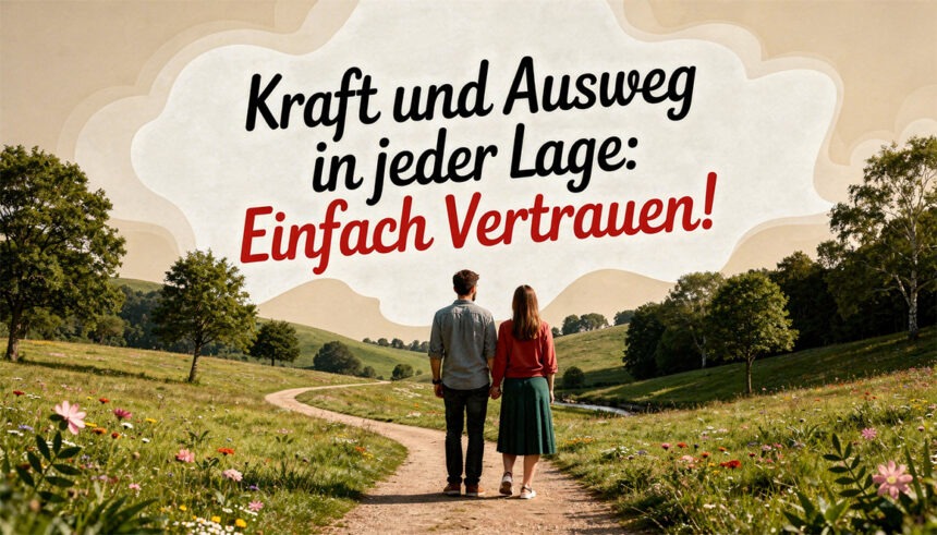 einfach-vertrauen Mann und Frau gehen Hand in Hand. Darüber steht: Kraft und Ausweg in jeder Lage: Einfach vertrauen!