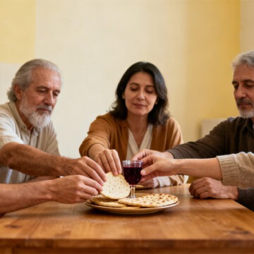 passah Gemeinschaftsfeier zu Passah, adventistische Tradition, Menschen, die Brot und Kelch teilen, bescheidener Raum, sanfte, warme Farbtöne