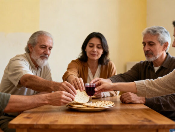 passah Gemeinschaftsfeier zu Passah, adventistische Tradition, Menschen, die Brot und Kelch teilen, bescheidener Raum, sanfte, warme Farbtöne