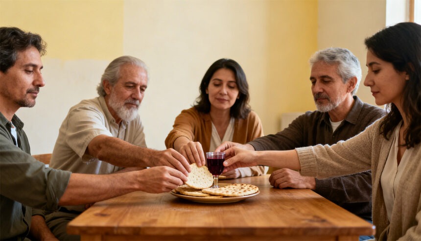 passah Gemeinschaftsfeier zu Passah, adventistische Tradition, Menschen, die Brot und Kelch teilen, bescheidener Raum, sanfte, warme Farbtöne