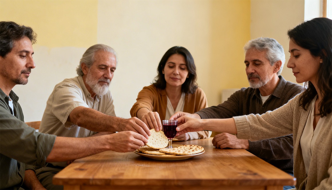 Gemeinschaftsfeier zu Passah, adventistische Tradition, Menschen, die Brot und Kelch teilen, bescheidener Raum, sanfte, warme Farbtöne