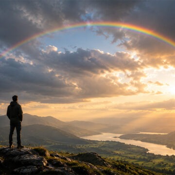 gott-fuehlt Mann steht vor einem Regenbogen