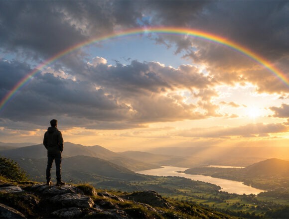 gott-fuehlt Mann steht vor einem Regenbogen