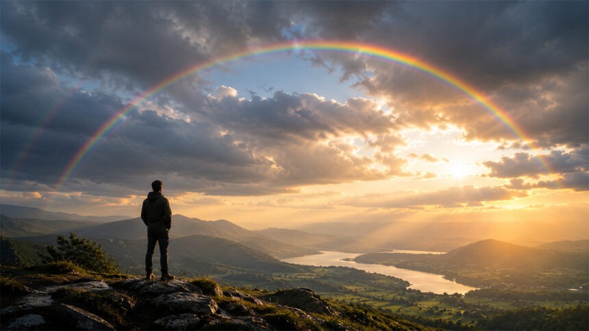 gott-fuehlt Mann steht vor einem Regenbogen